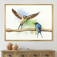 Две штала ластовички птици на гранка врамени сликарски платно уметничко печатење