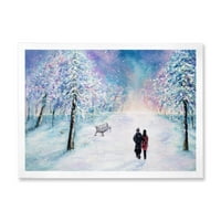 Двојки во loveубовни прошетки за време на снежните зимски времиња врамени сликарски платно уметнички принт