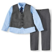 Wonder Nation Boys 4- & Husky Fresty Vest Set со кошула со долги ракави, елек, слаби вратоврска и панталони за фустани, сет