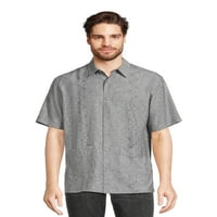 Cafe Luna Men's Crossed панел печатење ткаена кошула Guayabera со две џебови, големини S-3XL