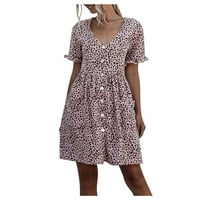 Мини Фустани За Жени Мода В-Вратот Краток Ракав Полка-Точка Цветни Печатење Џебови Фустан Сарафан