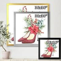 DesignArt „Црвени велур чевли со потпетици со Божиќни црвени цветни декор“ Традиционално врамен уметнички принт