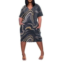 Женски Летен Плус Големина V-Вратот Краток Ракав Печатење Џеб На Коленото Секојдневен Фустан