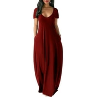 Голема големина женски еднобоен фустан секси Длабоко V краток ракав долго здолниште Вино Црвено XXXXL