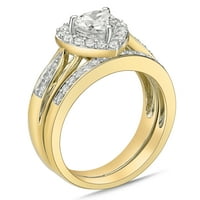 Стерлинг сребро со 14 -тина злато позлатено срце со ореол симулирани дијамантски невестински сет прстени